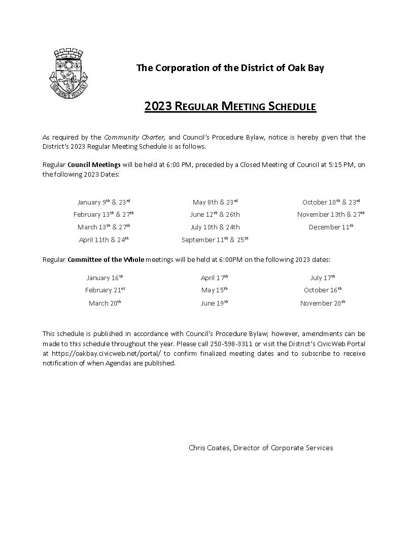 2023 Regular Meeting Schedule The District Of Oak Bay