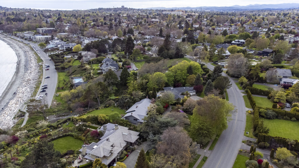 Aerial shot of Uplands Park and neighbouring residences, including Oak Bay heritage sites