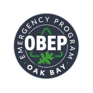 The logo for the Oak Bay Emergency Program, with OBEP in bold letters and an oak leaf on a blue circle, surrounded by the words "Oak Bay Emergency Program."