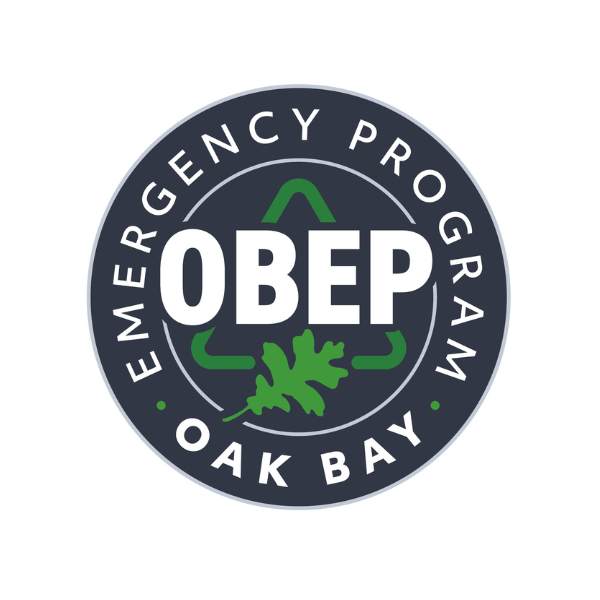 The logo for the Oak Bay Emergency Program, with OBEP in bold letters and an oak leaf on a blue circle, surrounded by the words "Oak Bay Emergency Program."